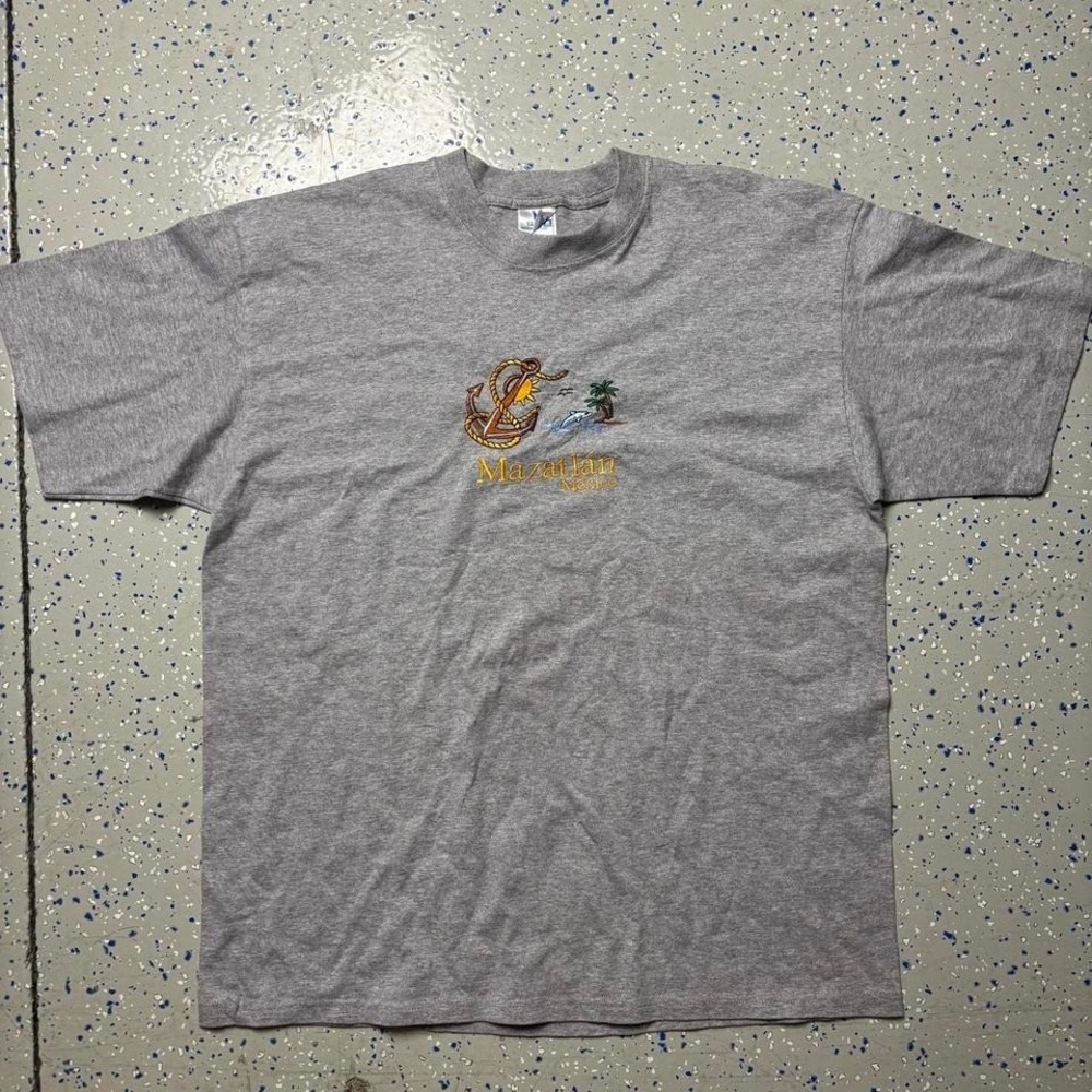 Mazatlan Gray Embroidered Anchor Mens XL T-Shirt Mexico Short Sleeve Casual
